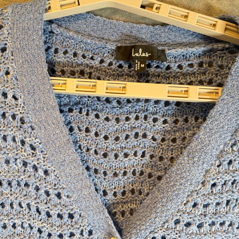 Lulu’s Blue Crochet Knit Cardigan Button Front Lightweight Sweater Medium - Picture 4 of 8